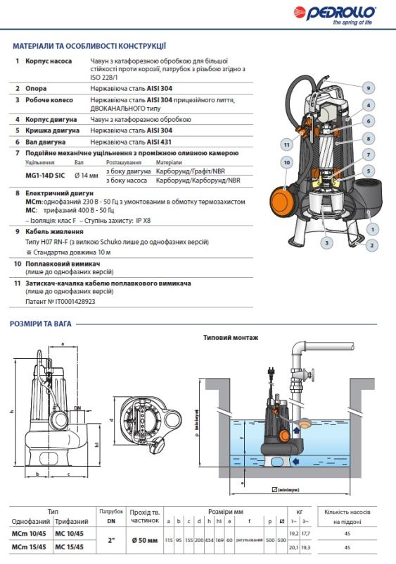 48SGM91A0AU Pedrollo MC погружной дренажный насос 0,75 кВт, 17,9 м³/ч, напор 12 м