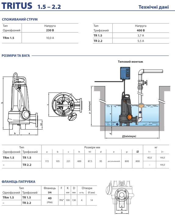 48SHT02A1 Pedrollo TRm 1.5 TRITUS — дренажно-фекальный насос, 1.5 кВт, 16,2 м³/ч, напор 26 м