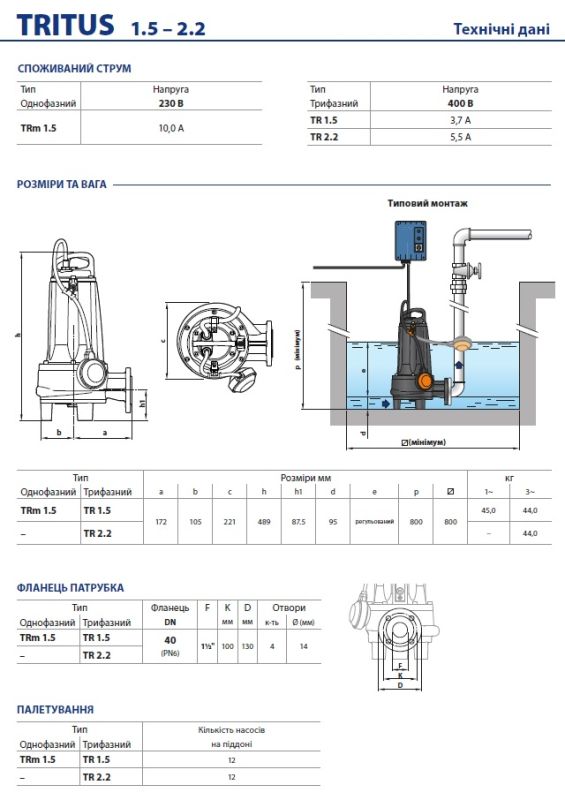48SHT00A Pedrollo TR 0,75 кВт — погружной дренажный, 7,5 м³/ч, напор 16–20 м
