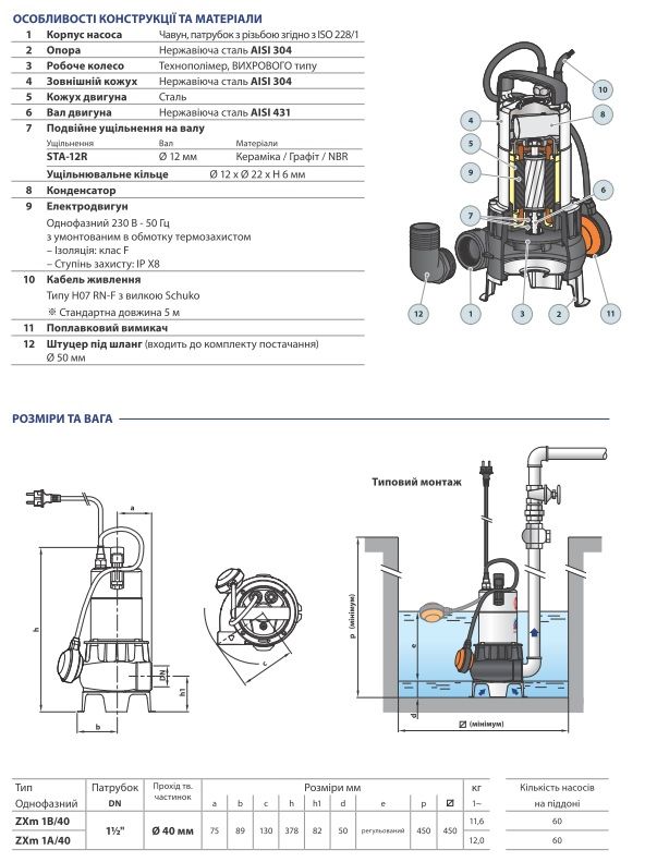 1052732 Pedrollo ZXm 1B/40 дренажно-фекальний насос, 21 м³/год, напір 8,5 м, 0,6 кВт